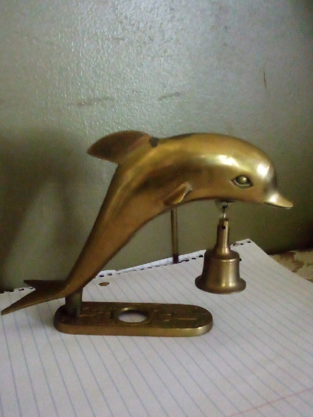 Brass Dolphin Figure With Service Bell & Striker  6" Long Circa 1970